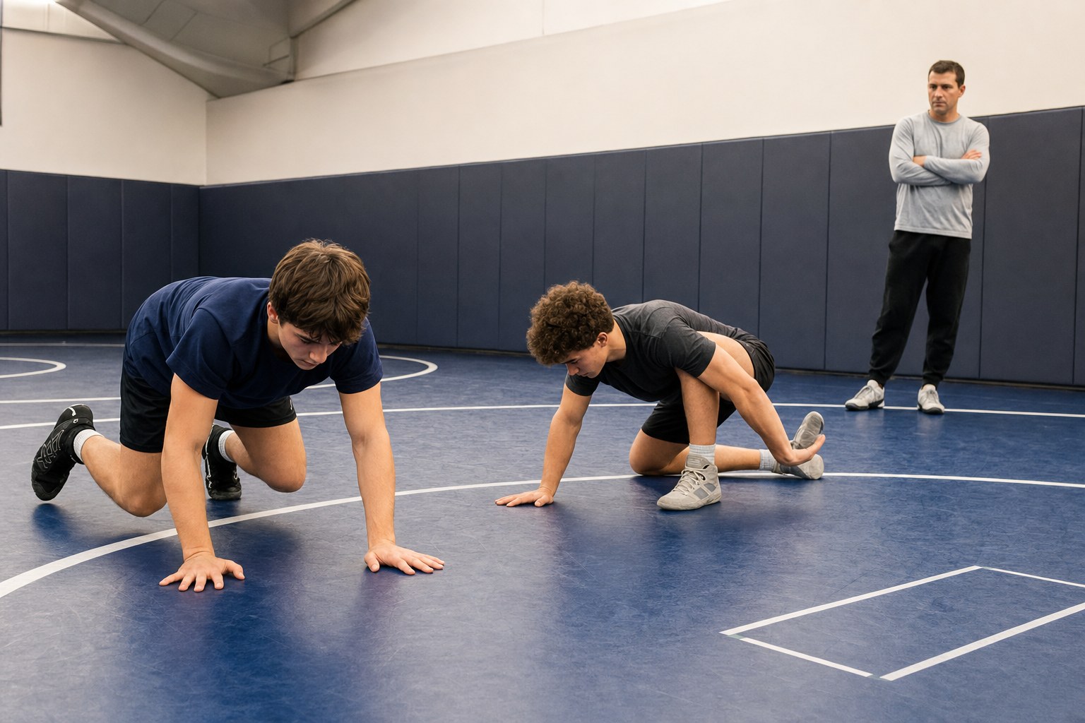 Wrestlers warming up with controlled movement drills on a practice mat