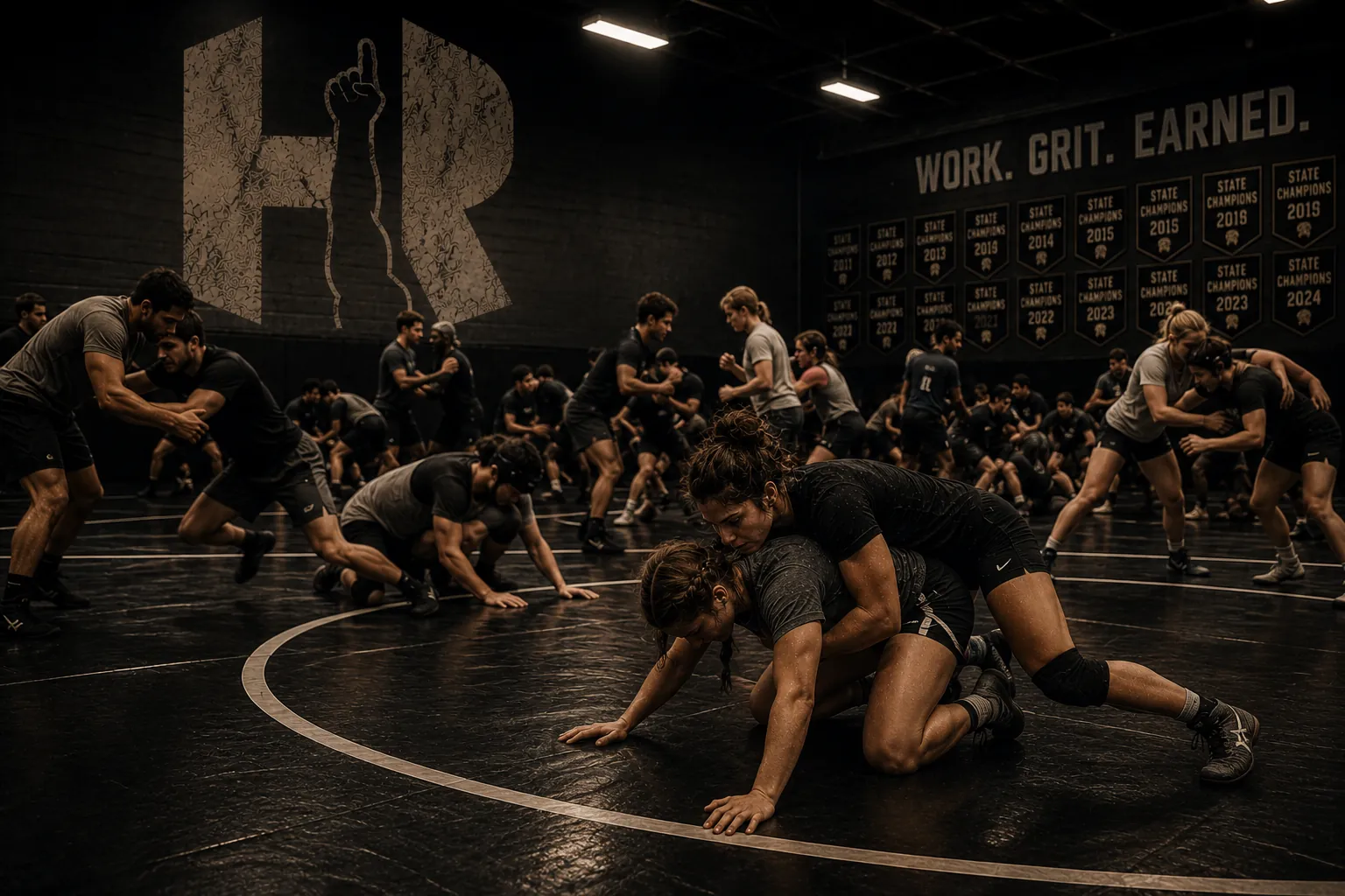 Athletes training on a wrestling mat