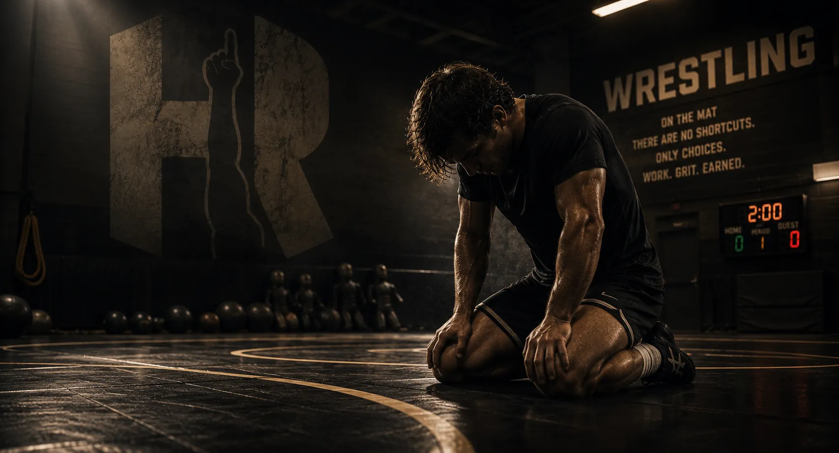 Wrestler kneeling on a mat after training beneath the Hands Raised mark