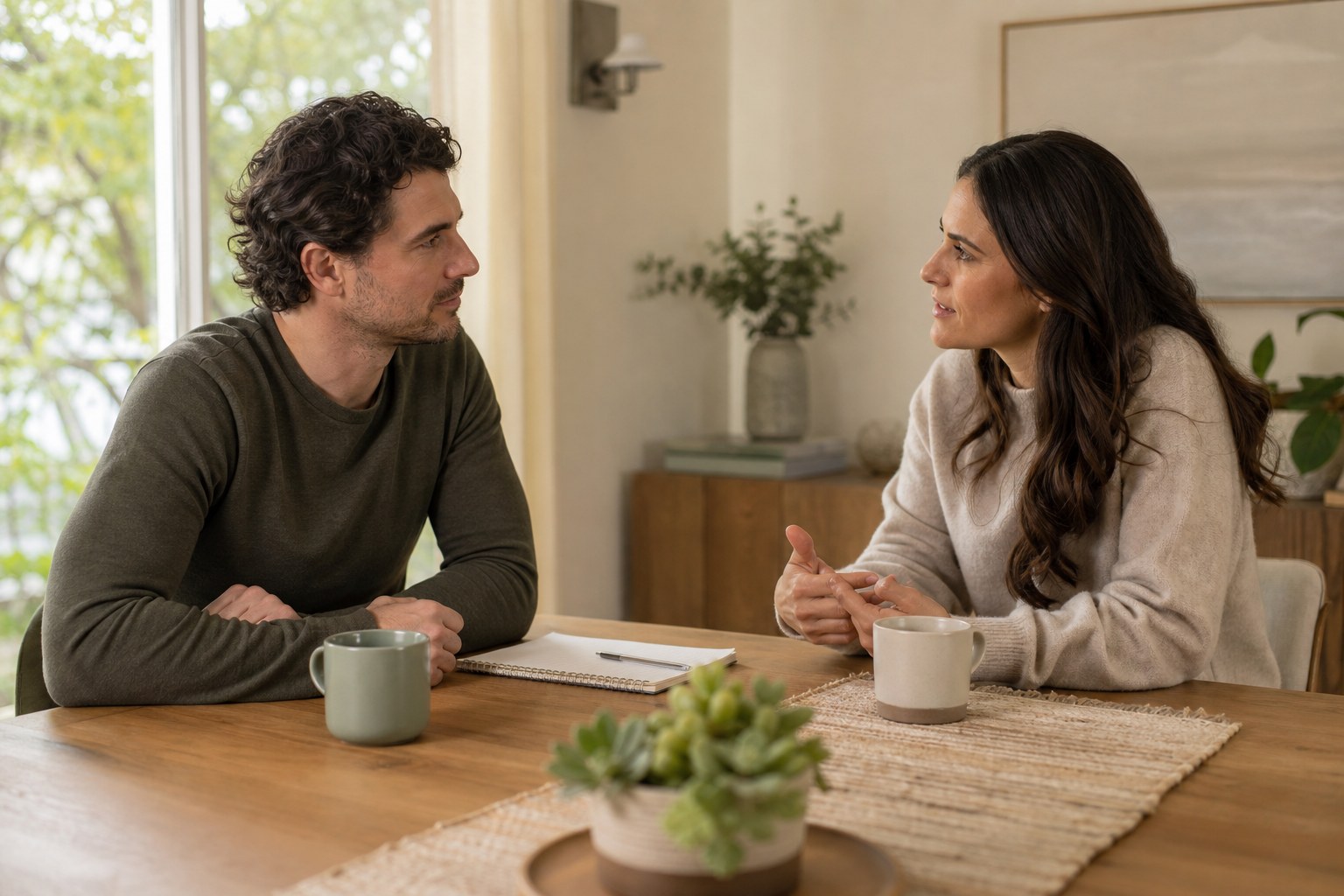 Couple having a calm, attentive conversation at a table