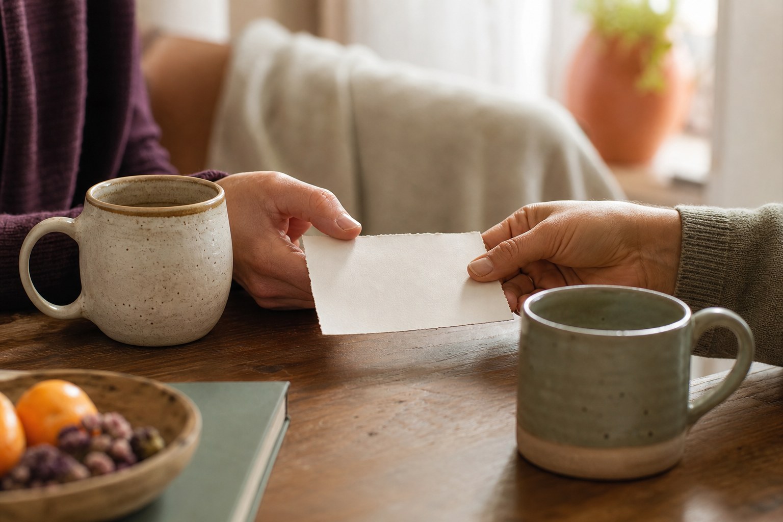 Partners sharing a note during a daily check-in