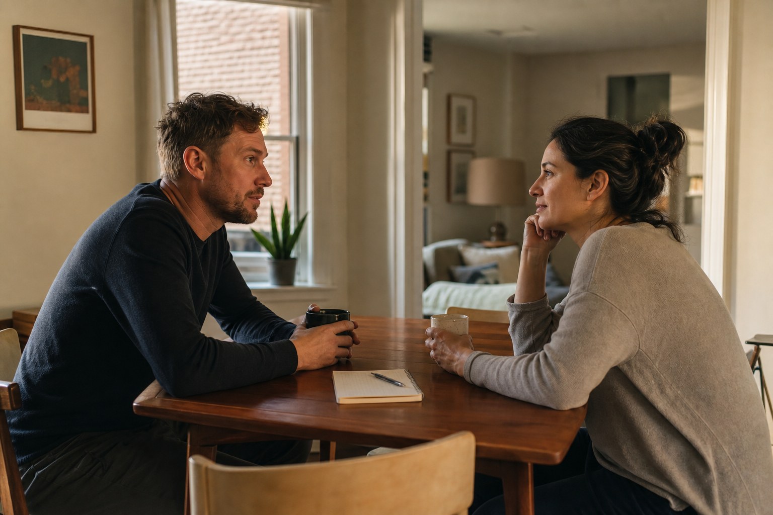 Partners having a calm conversation at a dining table
