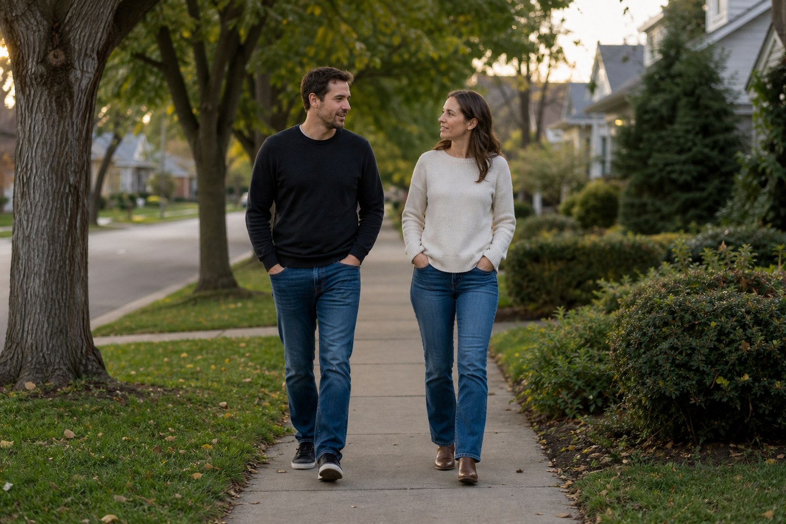 Partners taking a calm walk together after a difficult conversation