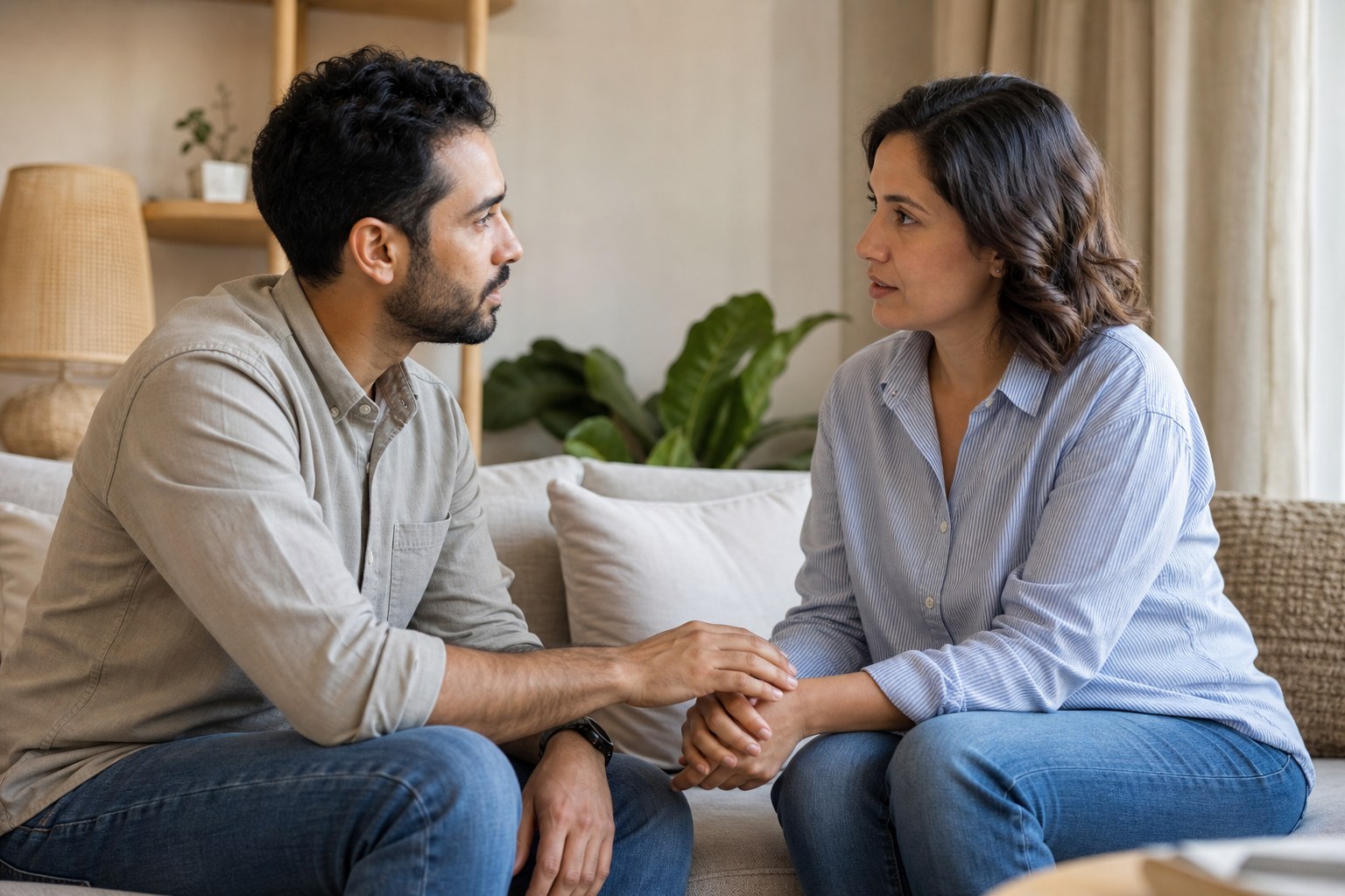 Partners reconnecting quietly on a sofa after a disagreement