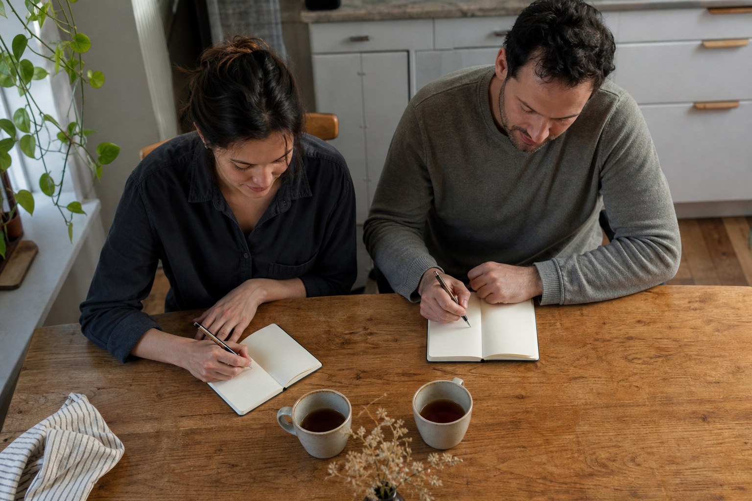 Partners writing thoughts in notebooks before talking