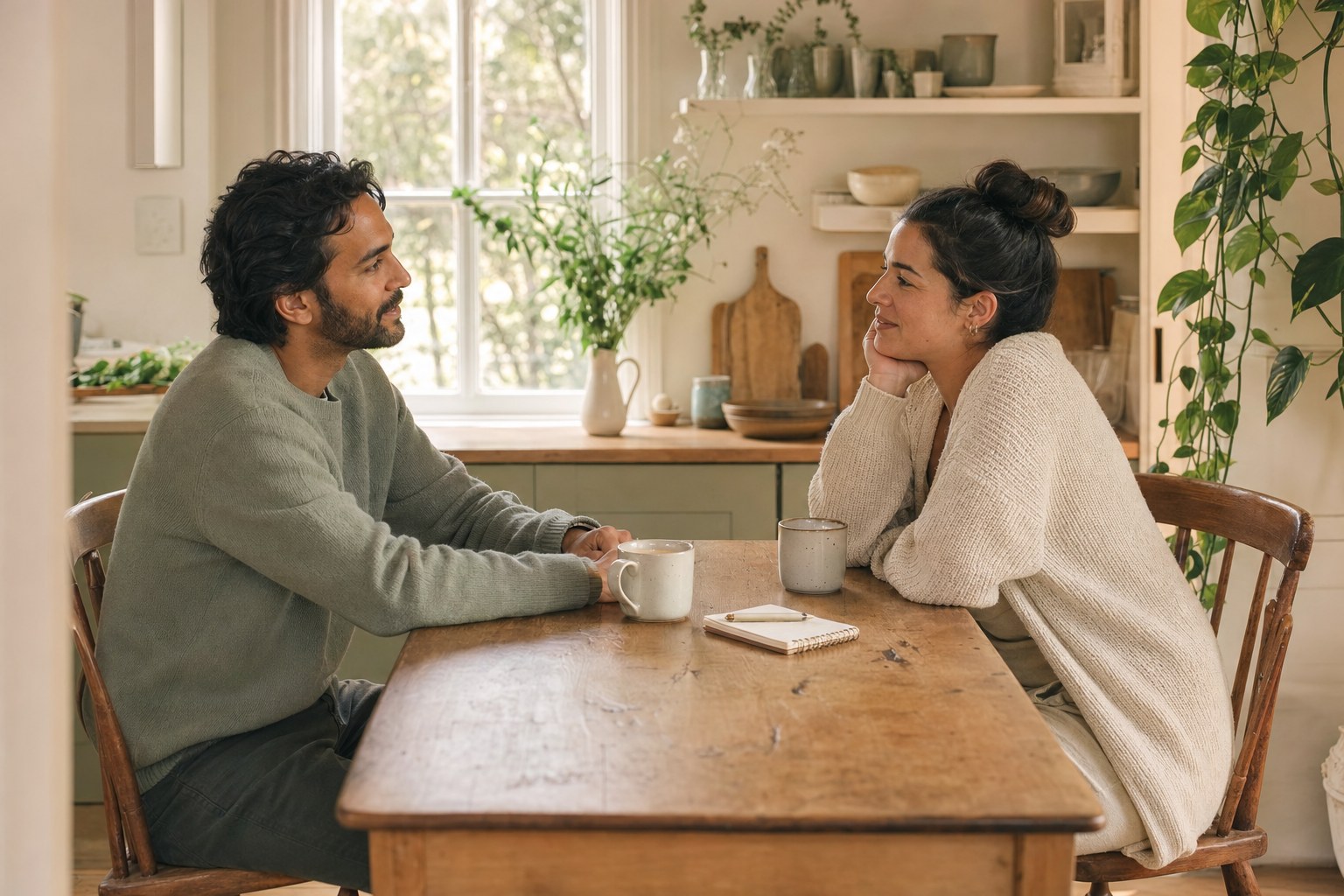Two partners having a calm relationship check-in at their kitchen table