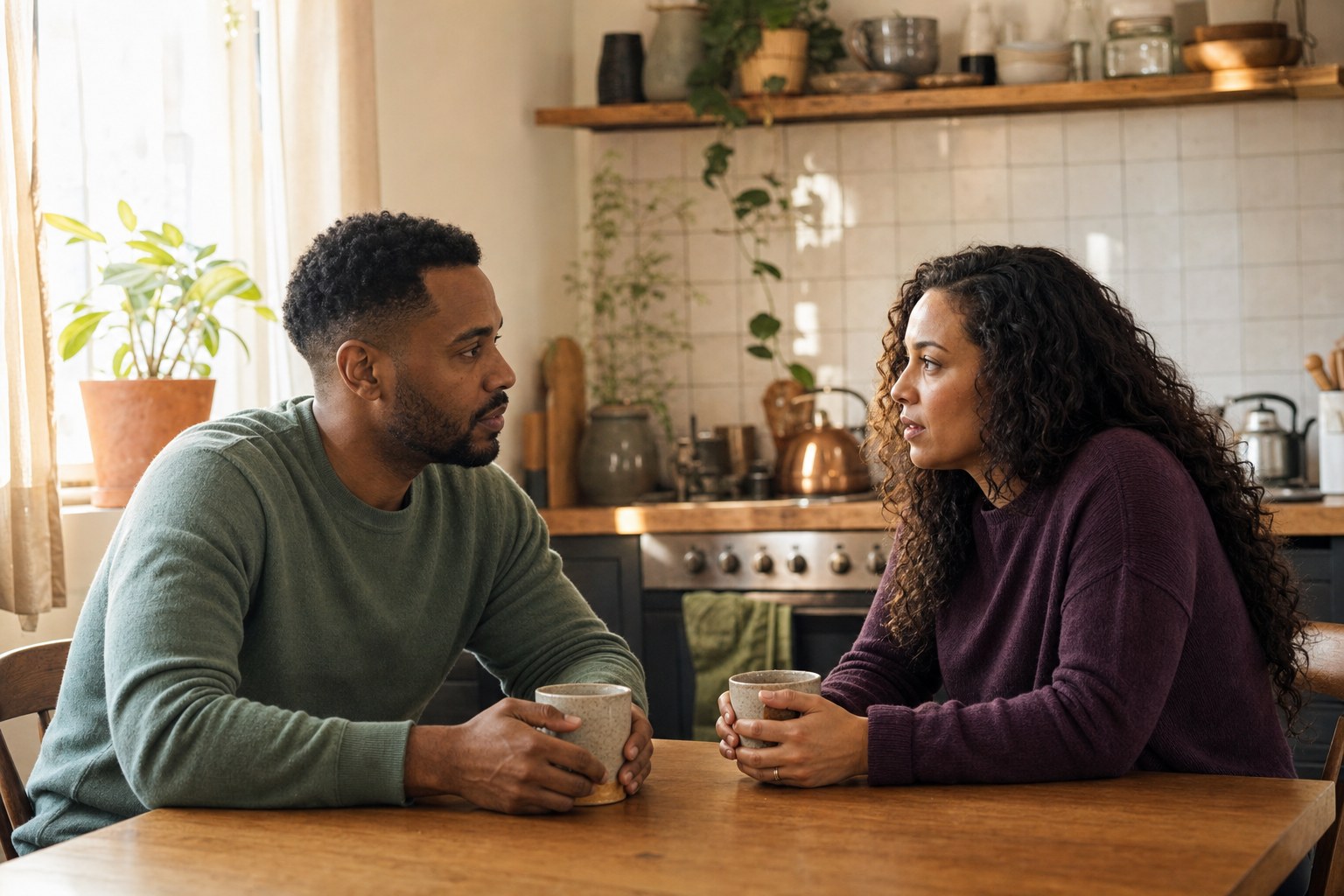 Couple sharing a thoughtful conversation at a kitchen table