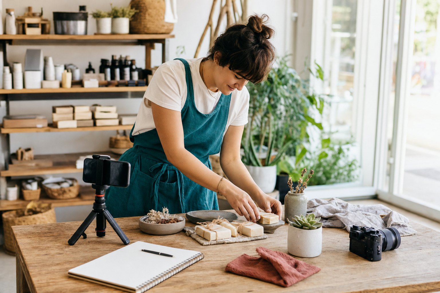A small-business owner preparing product photos with a phone tripod and camera