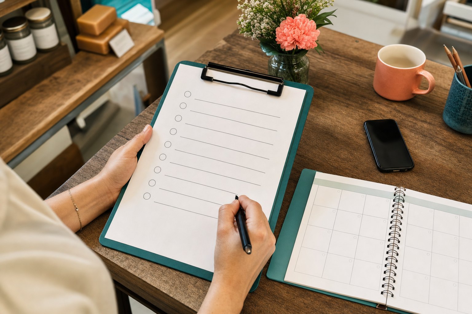 A small-business owner planning goals with a clipboard and blank weekly calendar