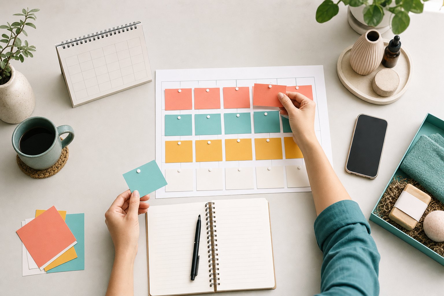 A small-business owner arranging a colorful monthly content calendar