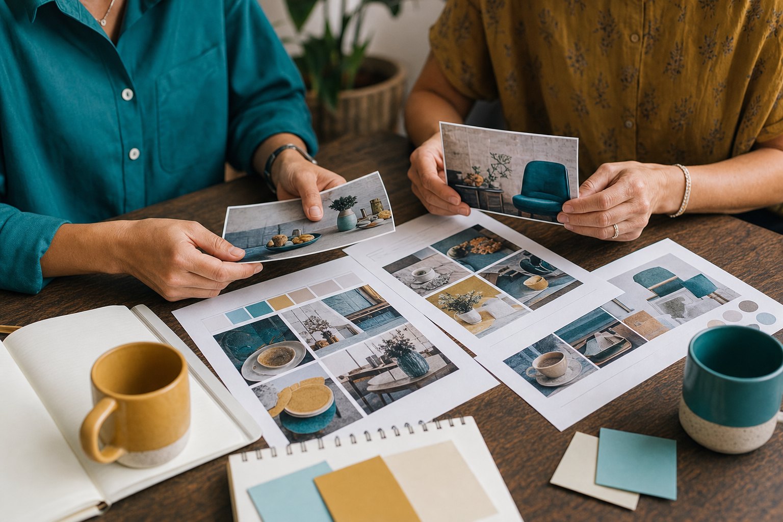 Two small-business owners reviewing printed content photos and planning notes
