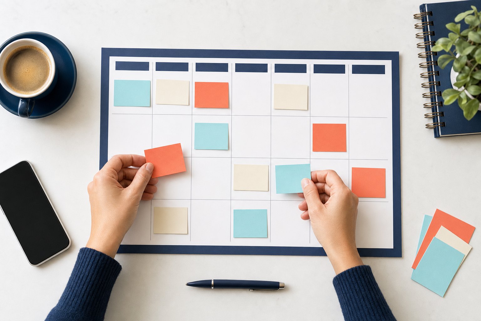 A weekly social media content calendar with colorful planning cards