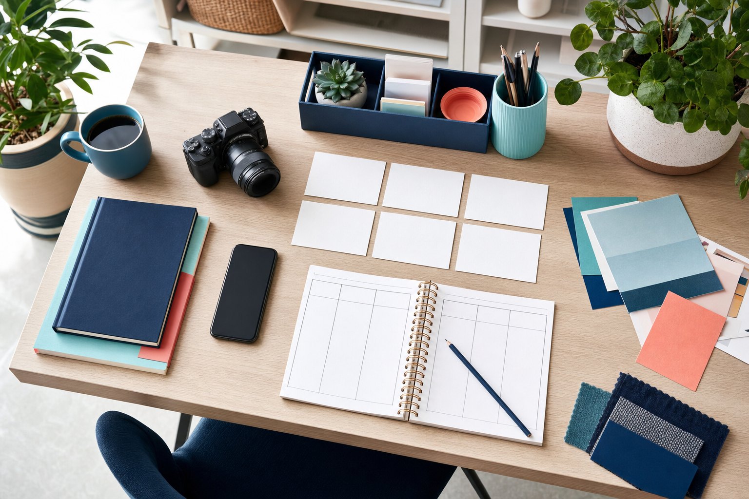 A small-business social media planning desk with content cards and a camera