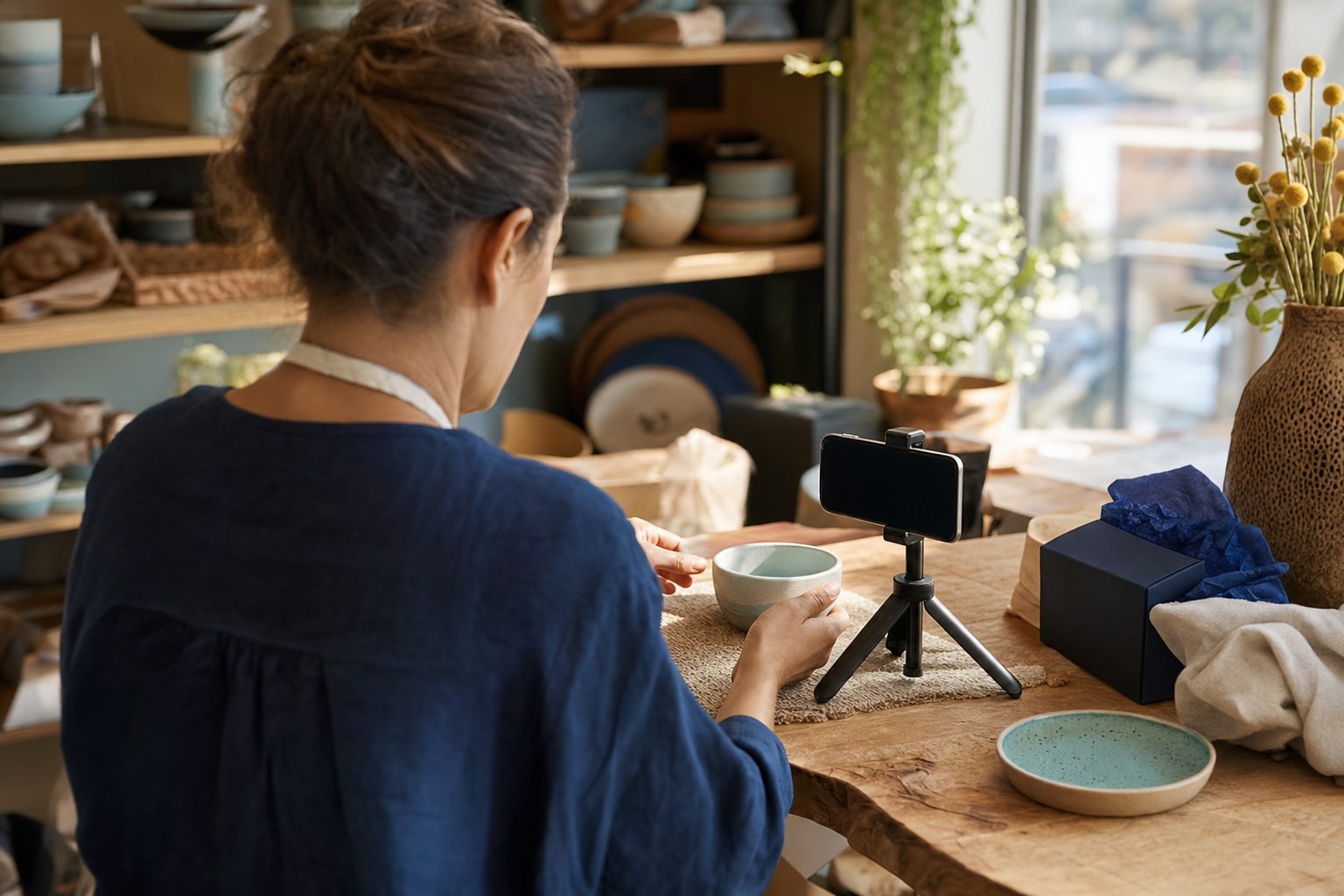 A small-business owner preparing to photograph a handmade product with a phone tripod