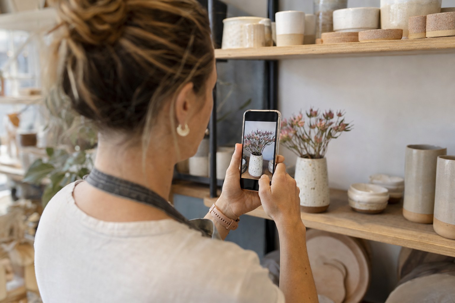 A small-business owner photographing a handmade product with a smartphone