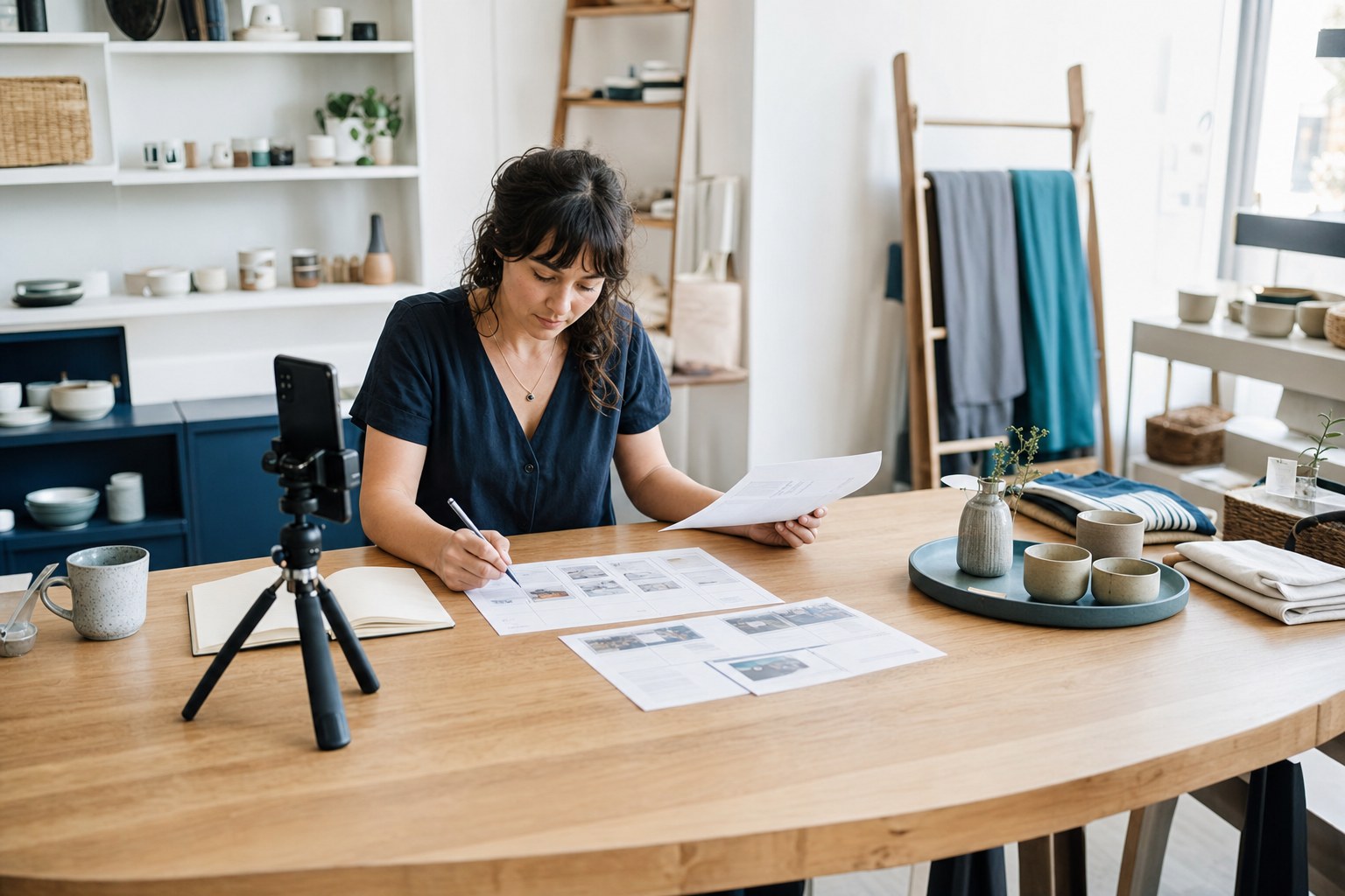 A small-business owner planning social media marketing at a worktable