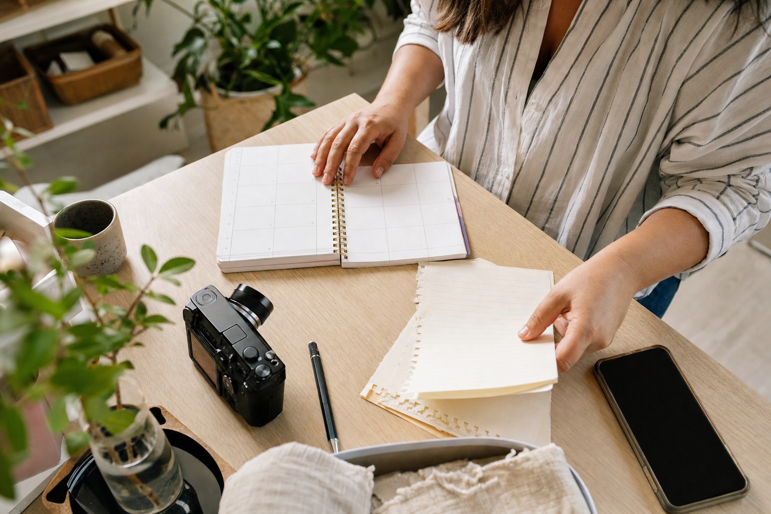 A small-business owner arranging a weekly planner and notes for social media marketing