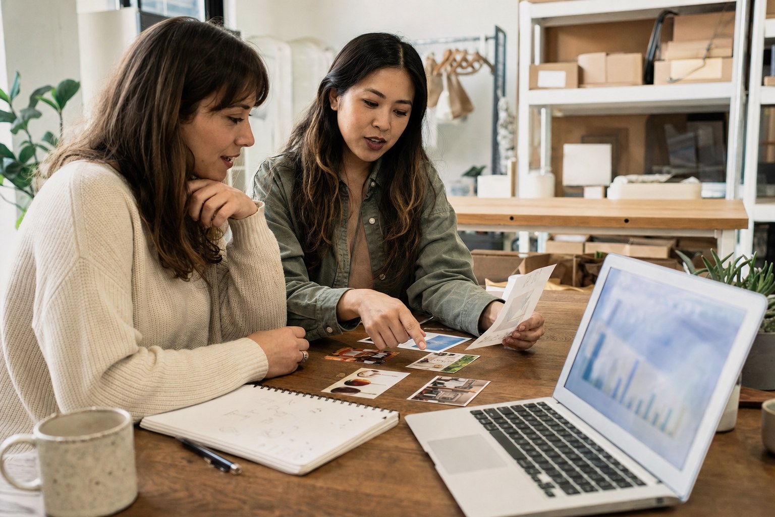 Two small-business coworkers reviewing content photos and planning notes at a table
