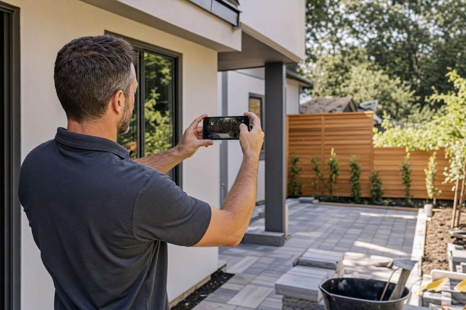 A service business owner using a phone to photograph a completed project