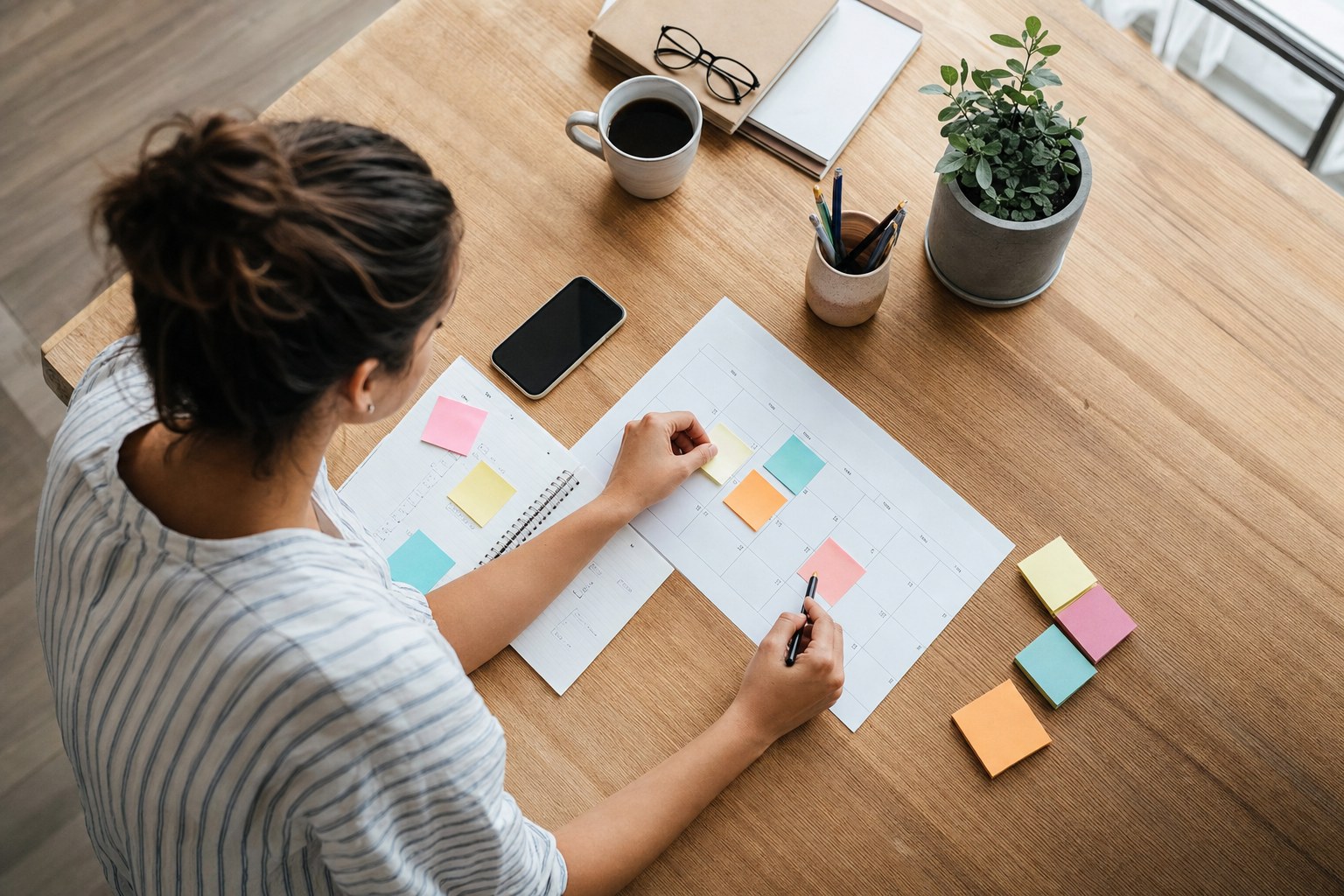 A small-business owner planning a weekly posting schedule at a desk