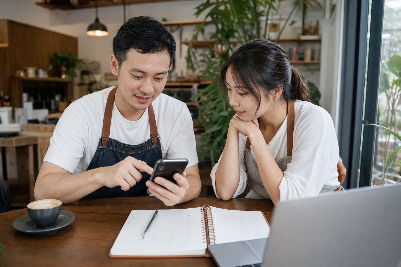 Two small-business owners reviewing social media results on a phone beside a monthly planner