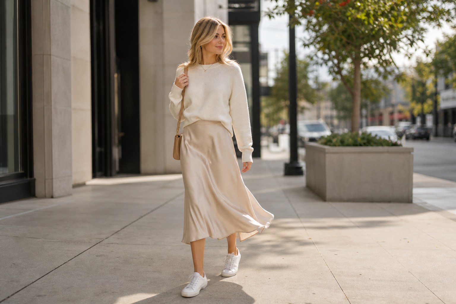 Woman wearing a champagne satin skirt with a cream sweater and white sneakers