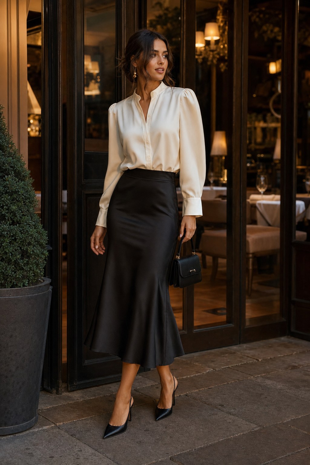 Woman wearing a black satin midi skirt with an ivory blouse and black heels