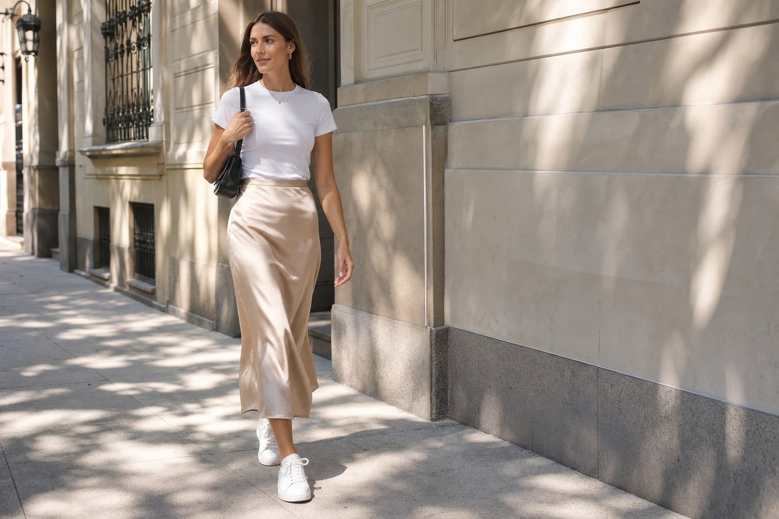 Woman wearing a champagne satin skirt with a white T-shirt and white sneakers