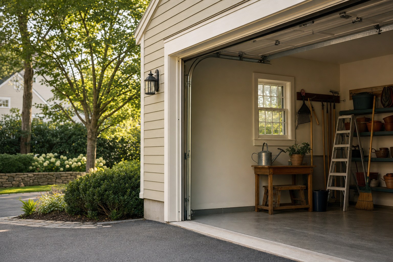Open garage at a well-kept New England home
