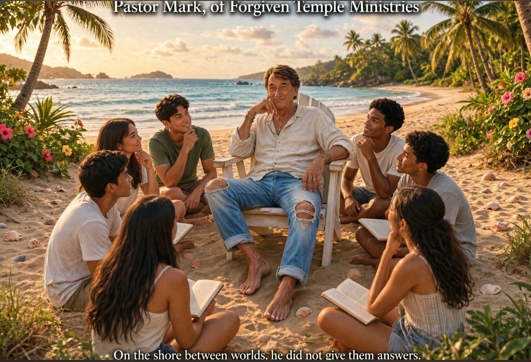 Pastor Mark in conversation with a community gathering by the shore