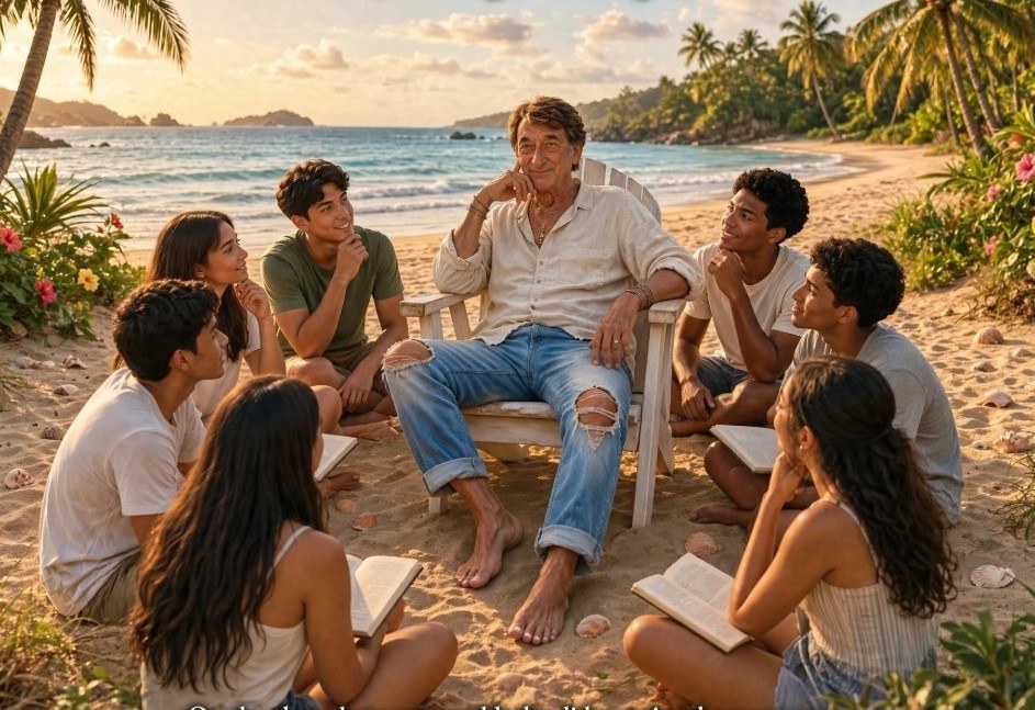 Pastor Mark in conversation with a community gathering by the shore
