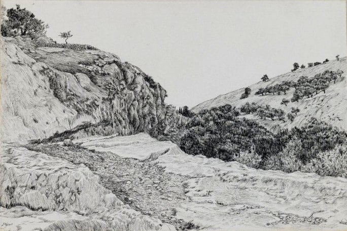 Historical black-and-white view of the Valley of Hinnom by James Tissot