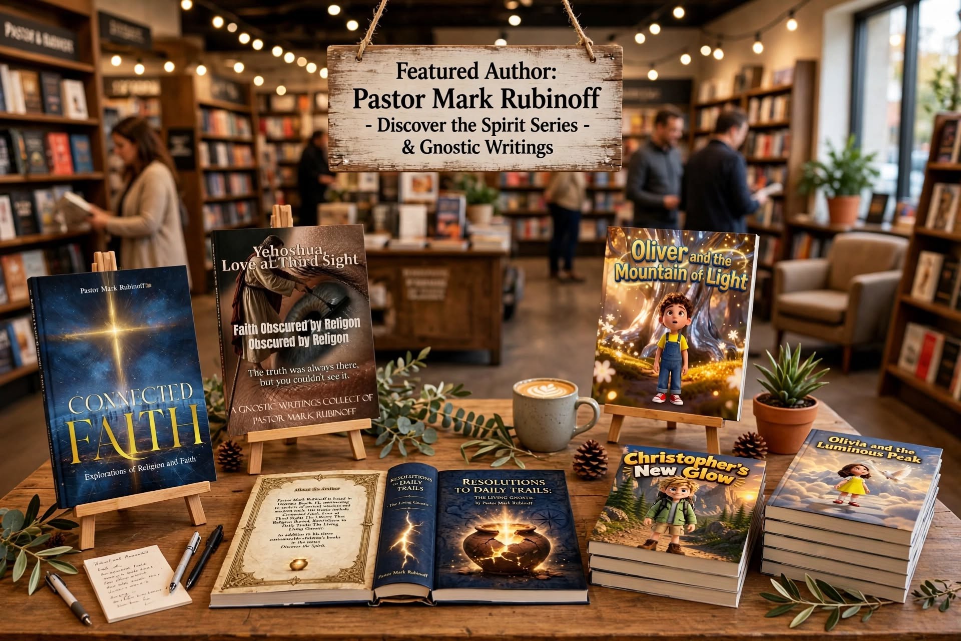Bookstore display featuring books by Pastor Mark Rubinoff, including Connected Faith, Love at Third Sight, and children’s stories