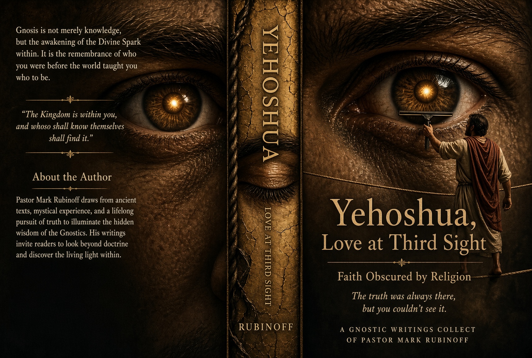Full book jacket for Yehoshua, Love at Third Sight by Pastor Mark Rubinoff, showing the back cover, spine, and front cover