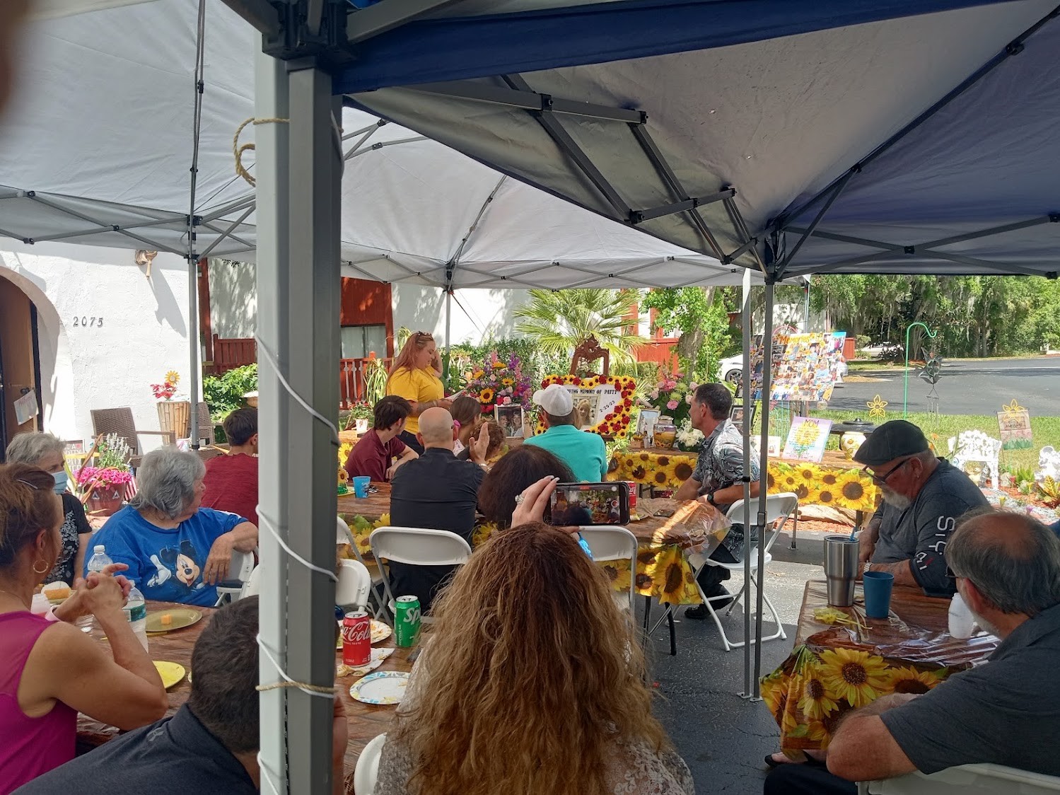 Friends sharing a meal under a canopy
