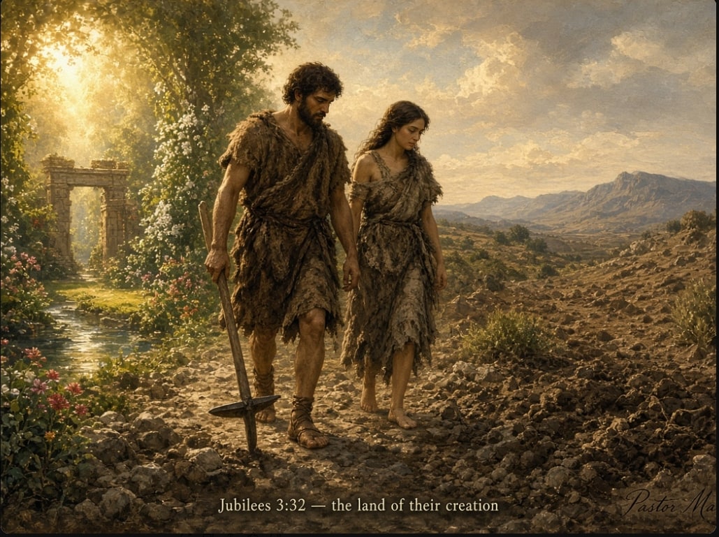 Adam and Eve returning to the land of their creation, with Eden behind them