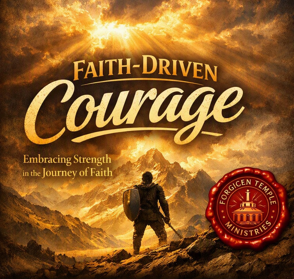 Faith-Driven Courage artwork showing a warrior before mountains