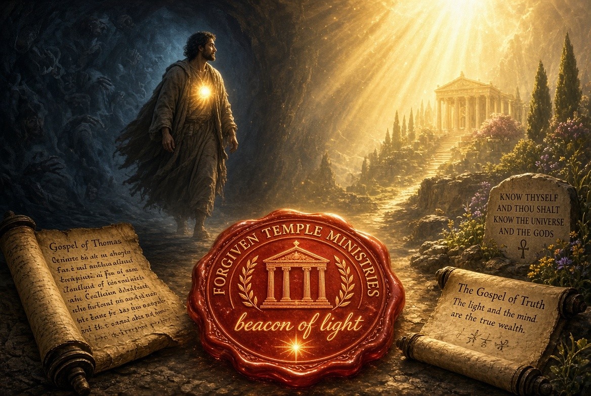 A figure with a glowing heart walking from shadow toward golden light, with scrolls and the Forgiven Temple Ministries seal