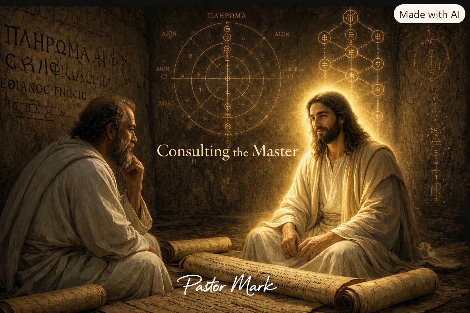 Pastor Mark consulting with Yehoshua in a luminous chamber of scrolls and sacred symbols