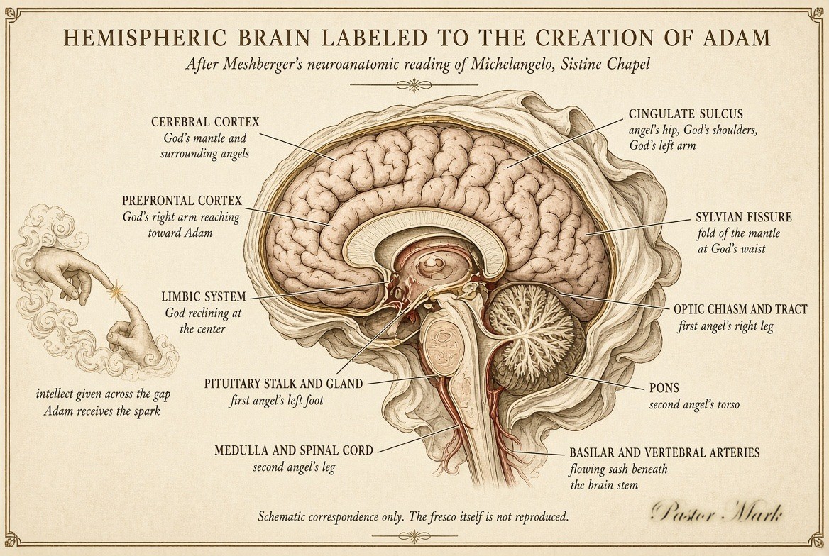Labeled diagram connecting the mantle in Michelangelo’s Creation of Adam to the anatomy of the brain