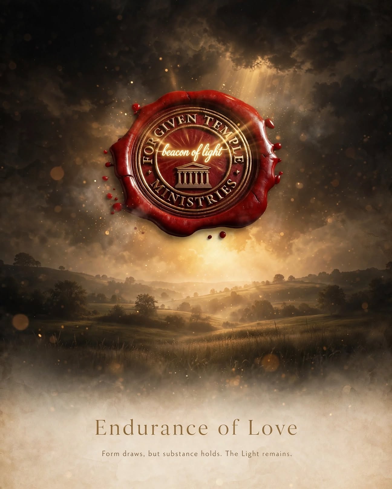 Forgiven Temple Ministries seal above a sunlit landscape, with Endurance of Love and Form draws, but substance holds. The Light remains. lettering