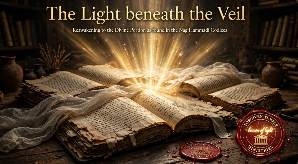 Golden light shining from ancient manuscripts beneath a veil, with The Light beneath the Veil title and Forgiven Temple Ministries seal