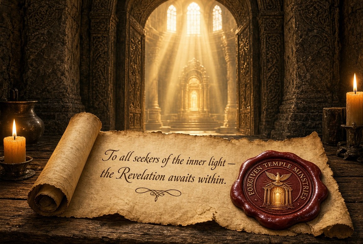 A candlelit sanctuary with a scroll bearing a message of inner light
