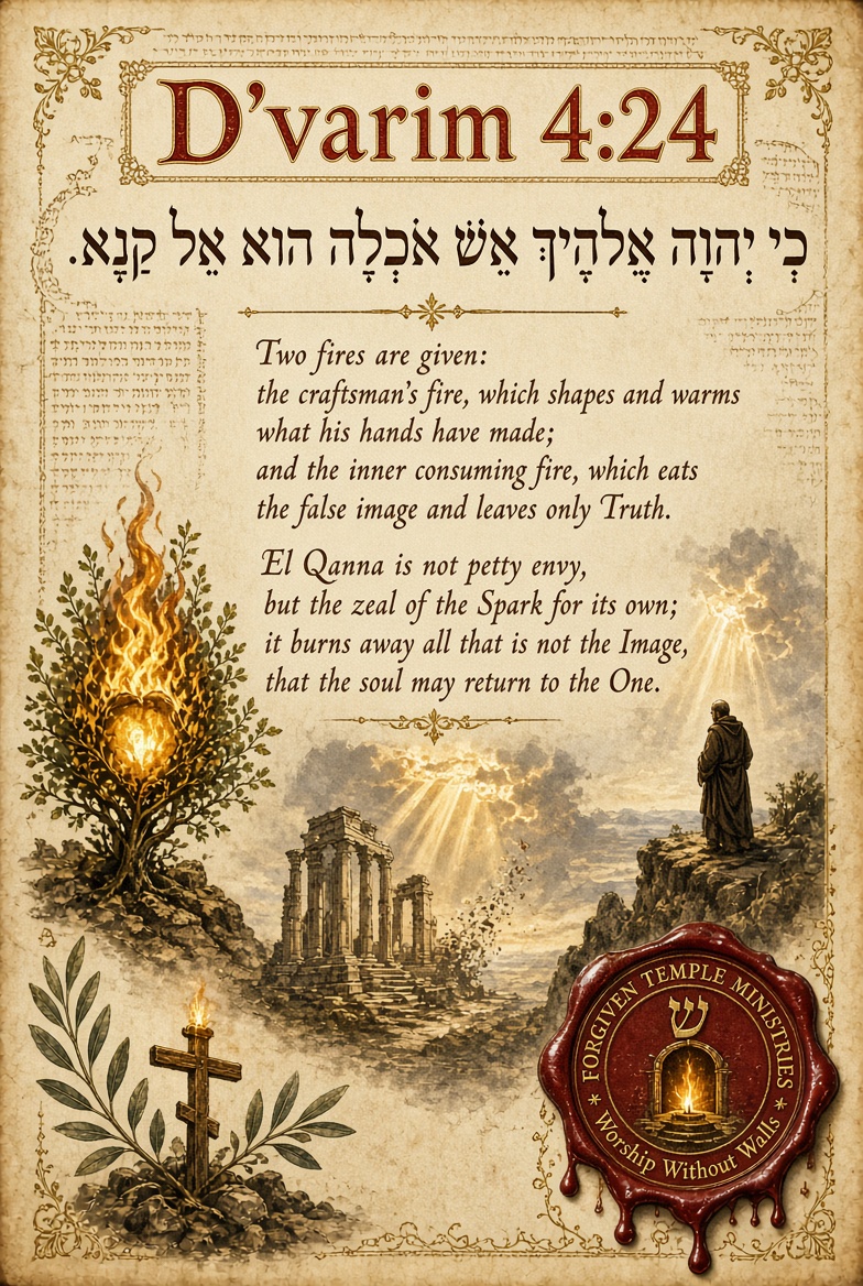 D’varim 4:24 artwork with a burning tree, temple ruins, and a figure in prayer