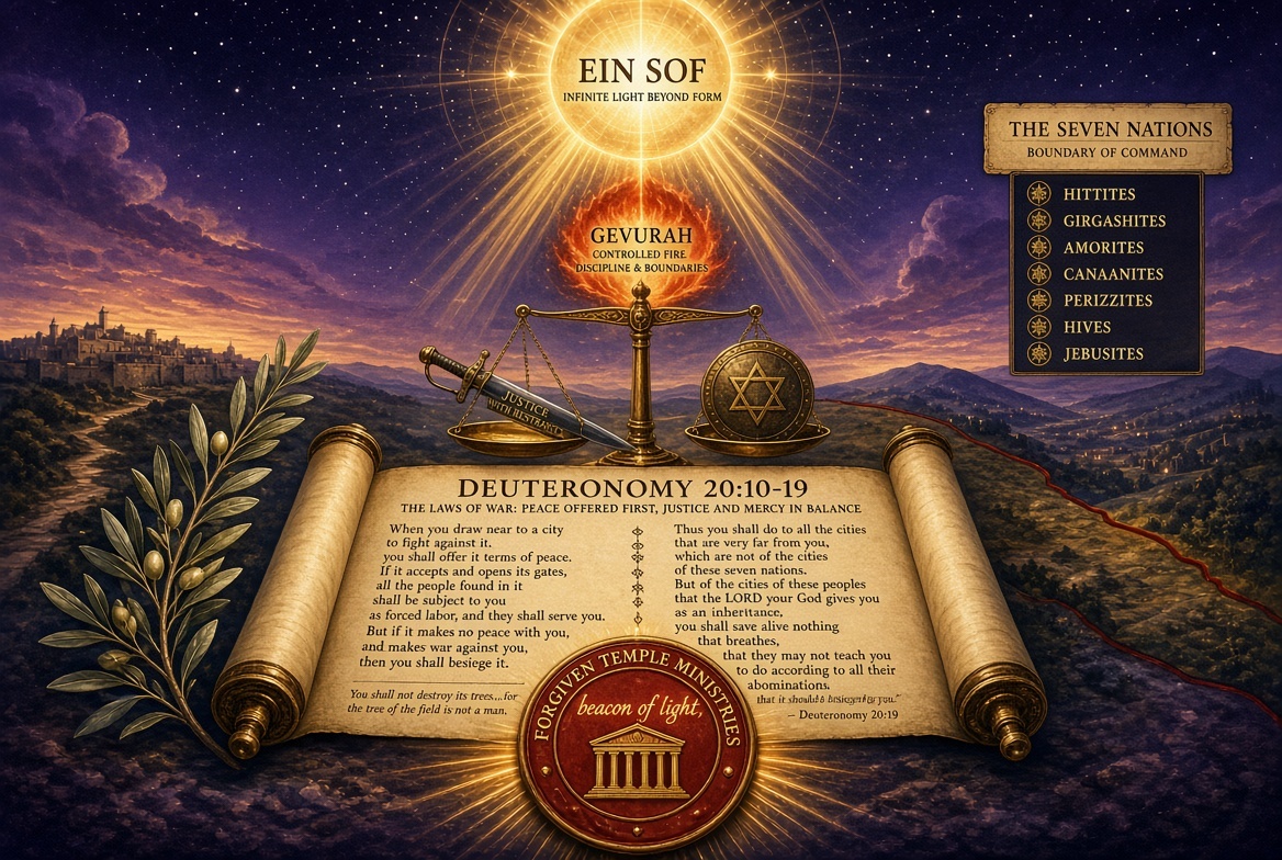 Ein Sof light above Gevurah, balanced scales, an olive branch, and a Deuteronomy scroll with the ministry seal