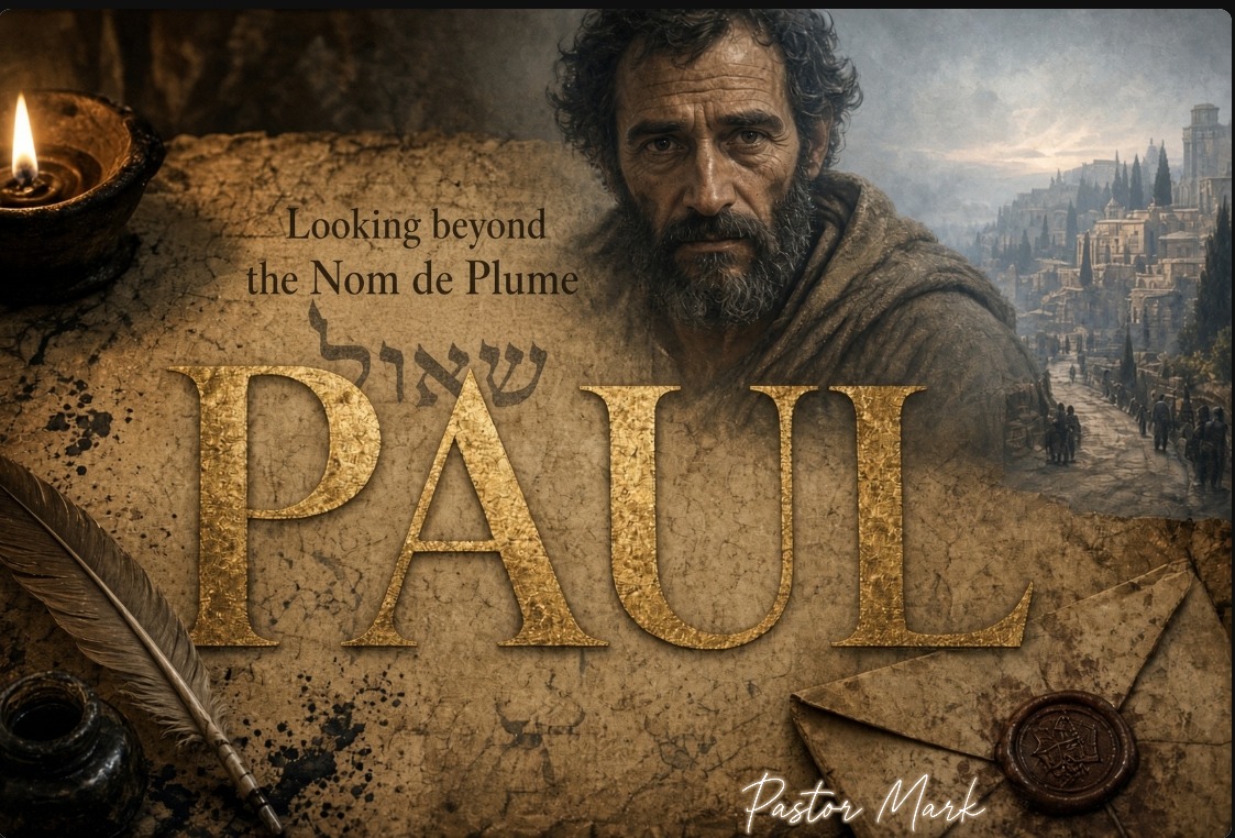 Artwork for Looking beyond the Nom de Plume, Paul, showing a quill, manuscript, candle, and a figure before an ancient city