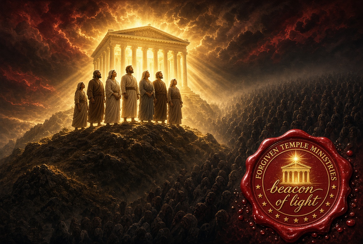 Robed figures before an illuminated temple, a gathered multitude, and the Forgiven Temple Ministries seal