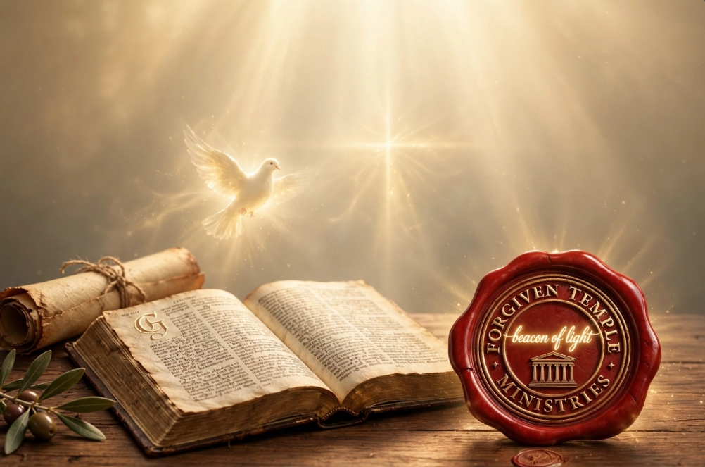 Open Bible, dove, and bright cross beside the Forgiven Temple Ministries seal