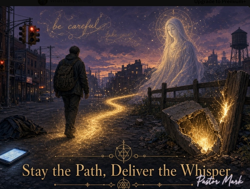 A man walking a city street while a luminous woman and the words Be Careful and Take Care emerge in a starry sky