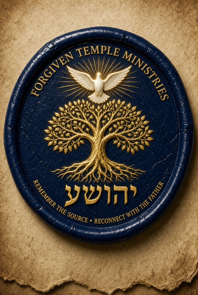 Forgiven Temple Ministries blue and gold emblem with a dove, tree, and the words Remember the Source, Reconnect with the Father